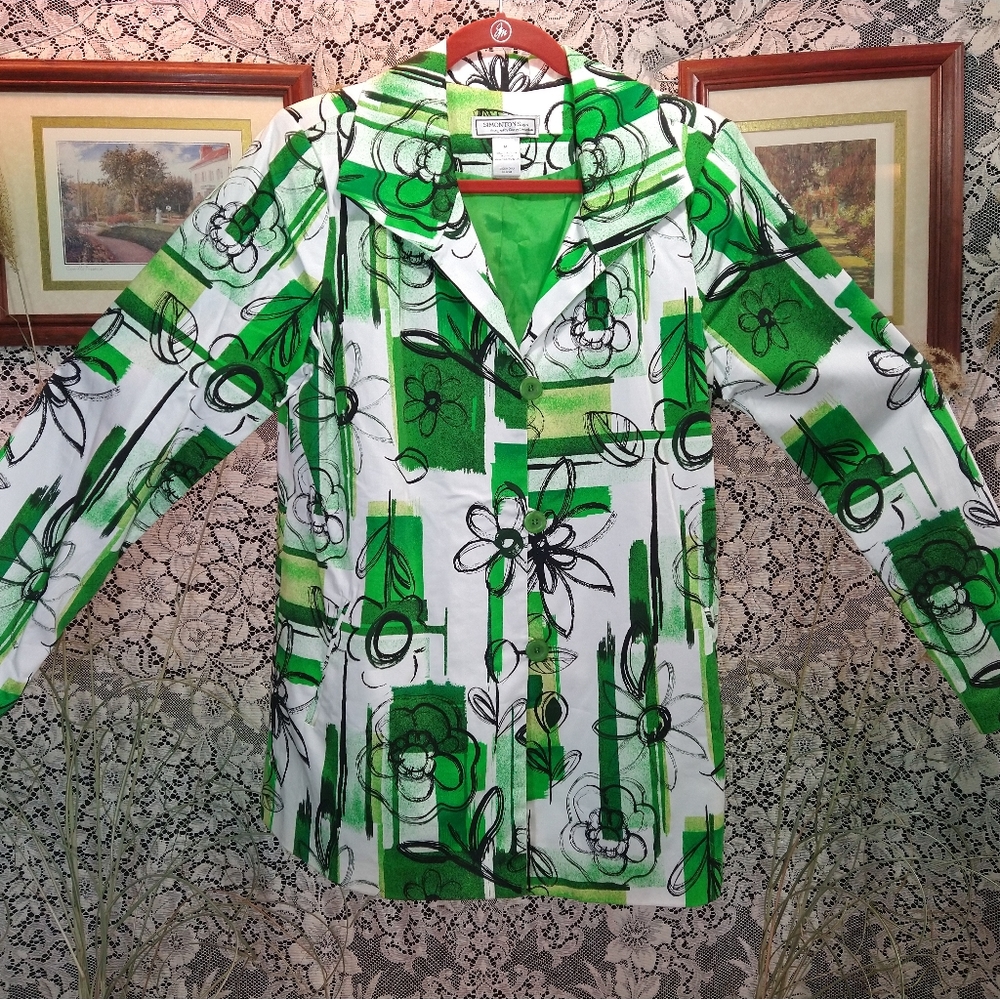 George Simonton green black white floral abstract rouleau loops shoulder pads